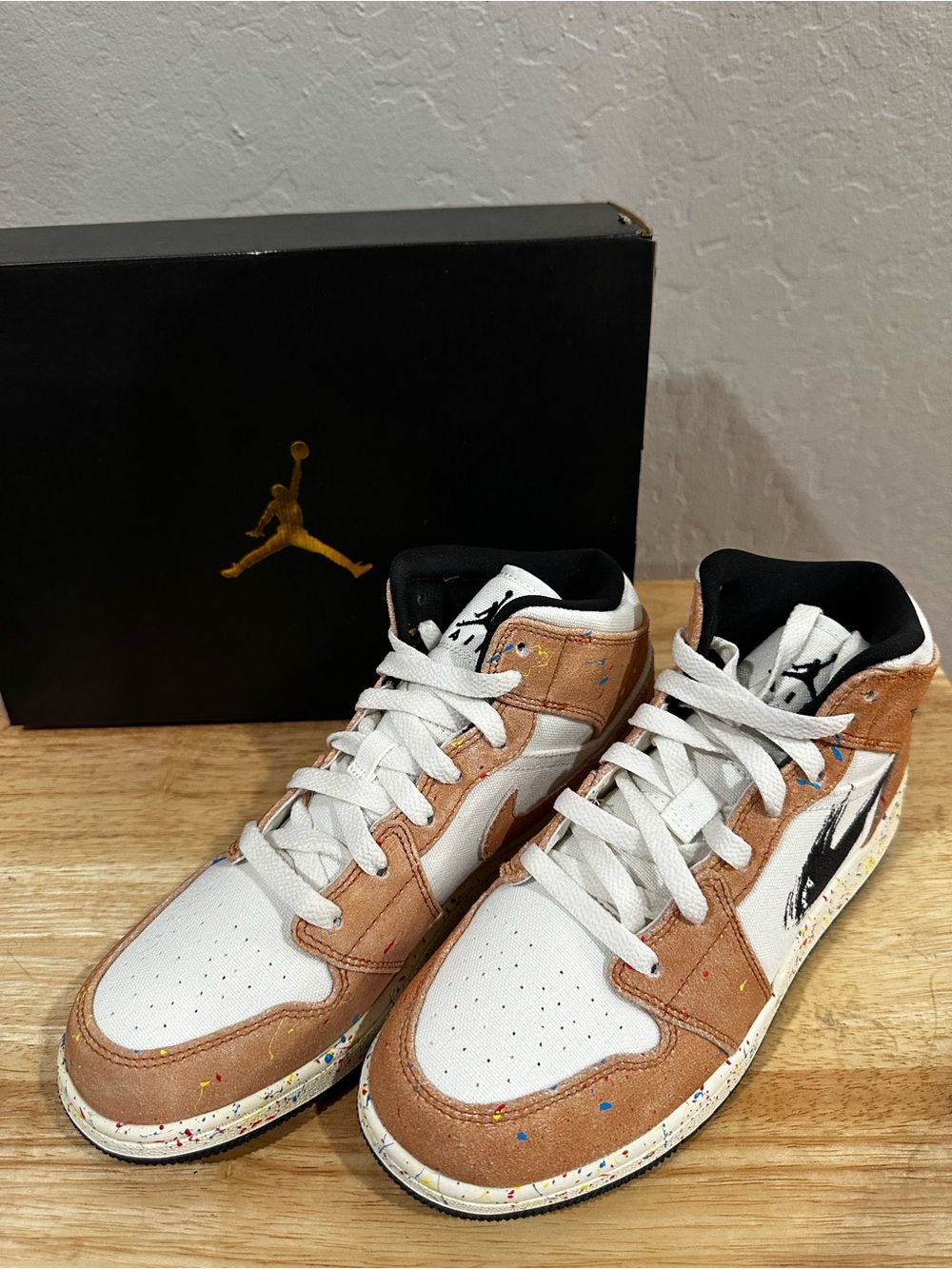 Jordan Mid-Top Sneakers in White and Tan with Paint-Splatter Sole
